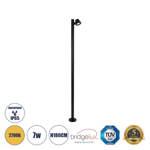 GloboStar® GARDENIA 60511 Φωτιστικό Κήπου - Πάρκου - Πλατείας - Κολωνάκι Αρχιτεκτονικού Φωτισμού Εξωτερικού Χώρου LED 7W 700lm 60° AC220-240V Αδιάβροχο IP65 - Σώμα Αλουμινίου & Tempered Glass - Μ15 x Π18 x Υ180cm - Θερμό Λευκό 2700K - Μαύρο - Bridgelux Chip - 5 Years Warranty