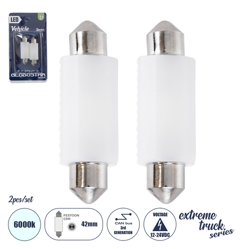GLOBOSTAR® C5W 81335-B Σωληνωτή Λάμπα C5W 42mm CANbus LED 1.9W/3.8W 285lm/570lm 120° DC 12-24V IP20 Ψυχρό Λευκό 6000K - 2 x Epistar SMD3030 Chip - Μ4.2 x Π1.2 x Υ1cm - Πακέτο Blister 2 Τεμαχίων - 1 Χρόνο Εγγύηση