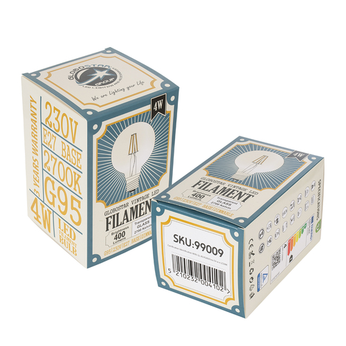 GLOBOSTAR® BUBBLE 99009 Λάμπα E27 G95 LED 4W 400lm 360° AC 220-240V IP20 Θερμό Λευκό 2700K - Long Filament Chip - Διάφανο - Μ9.5 x Π9.5 x Υ13.7cm - 3 Χρόνια Εγγύηση