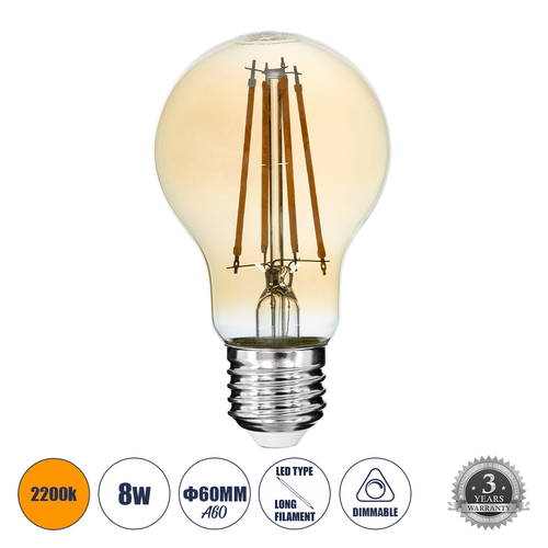 GLOBOSTAR® GLOBE 99037 Λάμπα E27 A60 LED 8W 720lm 360° AC 220-240V IP20 Ultra Θερμό Λευκό 2200K Dimmable - Long Filament Chip - Μελί - Μ6 x Π6 x Υ10.5cm - 3 Χρόνια Εγγύηση