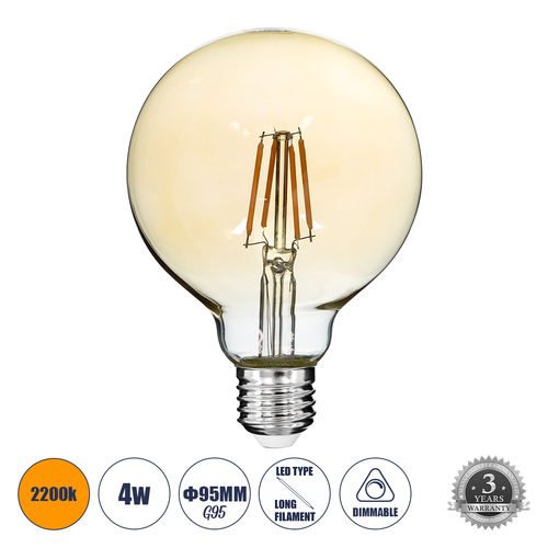 GLOBOSTAR® BUBBLE 99039 Λάμπα E27 G95 LED 4W 350lm 360° AC 220-240V IP20 Ultra Θερμό Λευκό 2200K Dimmable - Long Filament Chip - Μελί - Μ9.5 x Π9.5 x Υ13.7cm - 3 Χρόνια Εγγύηση