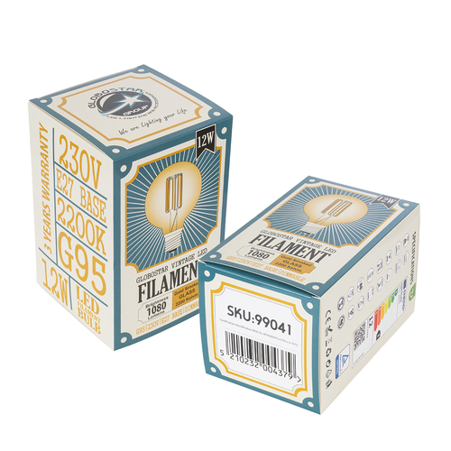 GLOBOSTAR® BUBBLE 99041 Λάμπα E27 G95 LED 12W 1080lm 360° AC 220-240V IP20 Ultra Θερμό Λευκό 2200K Dimmable - Long Filament Chip - Μελί - Μ9.5 x Π9.5 x Υ13.7cm - 3 Χρόνια Εγγύηση