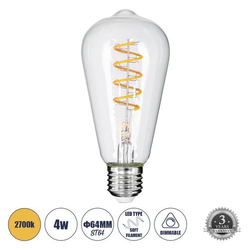 GLOBOSTAR® PEAR 99143 Λάμπα E27 ST64 LED 4W 300lm 360° AC 220-240V IP20 Θερμό Λευκό 2700K Dimmable - Soft S Spiral Filament Chip - Διάφανο - Μ6.4 x Π6.4 x Υ14cm - 3 Χρόνια Εγγύηση