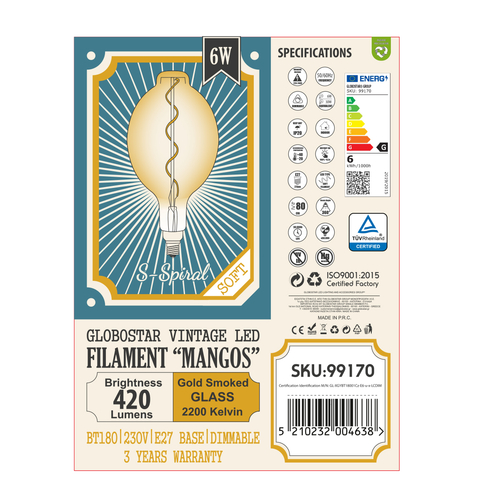 GLOBOSTAR® MANGOS 99170 Λάμπα E27 BT180 LED 6W 420lm 360° AC 220-240V IP20 Ultra Θερμό Λευκό 2200K Dimmable - Soft S Spiral Filament Chip - Μελί - Μ18 x Π18 x Υ39cm - 3 Χρόνια Εγγύηση