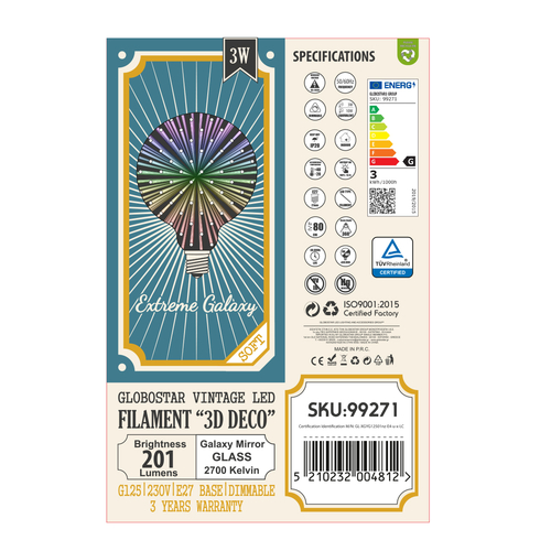 GLOBOSTAR® BUBBLE 99271 Λάμπα E27 G125 LED 3W 201lm 360° AC 220-240V IP20 Θερμό Λευκό 2700K Dimmable - Long Filament Chip - Galaxy Mirror Εφέ - Μ12.5 x Π12.5 x Υ18cm - 3 Χρόνια Εγγύηση