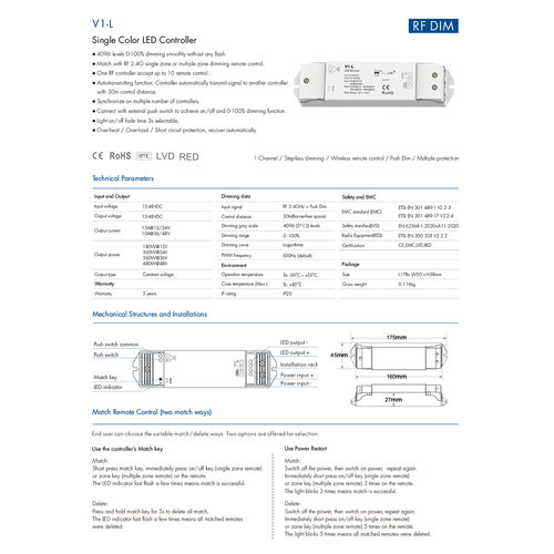 GLOBOSTAR® SKYDANCE-V1-L 71568 DC RF 2.4Ghz & Push Dimmer / Controller με 1 x 15A 480W Κανάλι DC 12-48V 15A 480W Max IP20 - RF 2.4Ghz & Push Dimming - Μ17.5 x Π4.5 x Υ2.5cm - 5 Χρόνια Εγγύηση