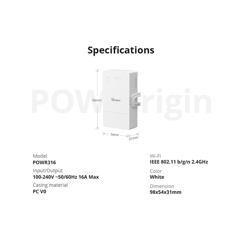 GloboStar® 80083 SONOFF POWR316 POW ORIGIN Smart LAN & WiFi 2.4GHz Power Meter Switch AC 100-240V Max 16A