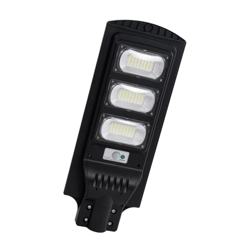 GLOBOSTAR® STREETB 85343 Φωτιστικό Δρόμου LED 90W 4500lm 120° DC 5V με Ενσωματωμένο Φωτοβολταϊκό Panel 6V 12W & Επαναφορτιζόμενη Μπαταρία Li-ion 3.2V 12000mAh με Αισθητήρα Κίνησης-Ημέρας-Νύχτας Αδιάβροχο IP65 Ψυχρό Λευκό 6000K - Μαύρο - Μ24 x Π63 x Υ6cm - 2 Χρόνια Εγγύηση