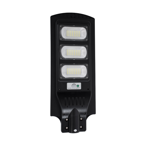 GLOBOSTAR® STREETB 85343 Φωτιστικό Δρόμου LED 90W 4500lm 120° DC 5V με Ενσωματωμένο Φωτοβολταϊκό Panel 6V 12W & Επαναφορτιζόμενη Μπαταρία Li-ion 3.2V 12000mAh με Αισθητήρα Κίνησης-Ημέρας-Νύχτας Αδιάβροχο IP65 Ψυχρό Λευκό 6000K - Μαύρο - Μ24 x Π63 x Υ6cm - 2 Χρόνια Εγγύηση