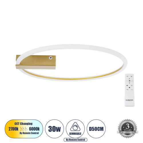 GLOBOSTAR® CINDERELLA 60982 Μοντέρνο Φωτιστικό Οροφής LED 30W 3360lm 360° AC 220-240V IP20 Ρυθμιζόμενο Λευκό CCT με Χειριστήριο από 2700K έως 6000K Dimmable - Lumileds SMD Chip - Χρυσό Βούρτσας - Μ50 x Π50 x Υ5cm - 3 Χρόνια Εγγύηση