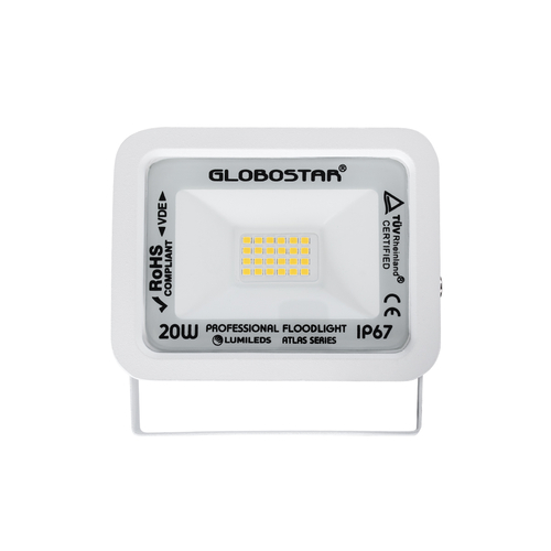 GLOBOSTAR® ATLAS 61409 Προβολέας LED 20W 2300lm 120° AC 220-240V Αδιάβροχο IP67 Θερμό Λευκό 2700K - Lumileds SMD Chip - TÜV Rheinland Certified - Λευκό Ματ - Μ12 x Π2.5 x Υ9.5cm - 5 Χρόνια Εγγύηση