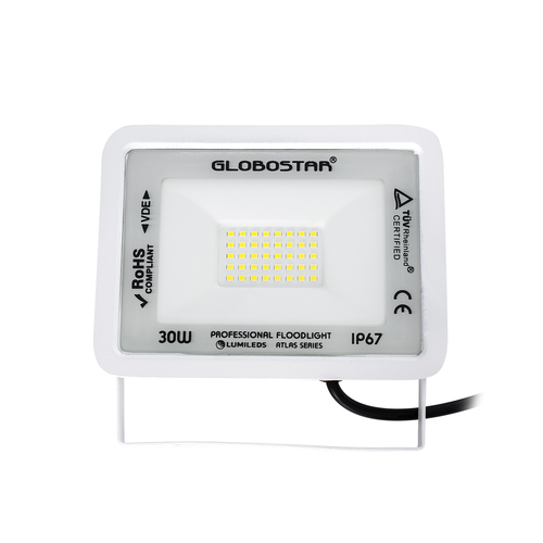 GLOBOSTAR® ATLAS 61413 Προβολέας LED 30W 3750lm 120° AC 220-240V Αδιάβροχο IP67 Ψυχρό Λευκό 6000K - Lumileds SMD Chip - TÜV Rheinland Certified - Λευκό Ματ - Μ16 x Π2.5 x Υ12.5cm - 5 Χρόνια Εγγύηση