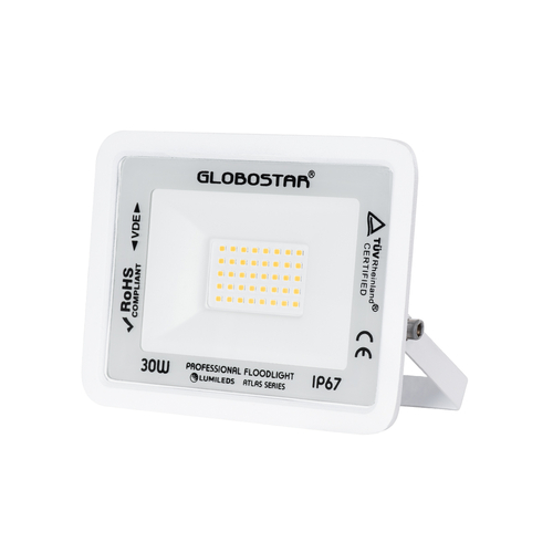 GLOBOSTAR® ATLAS 61415 Προβολέας LED 30W 3450lm 120° AC 220-240V Αδιάβροχο IP67 Θερμό Λευκό 2700K - Lumileds SMD Chip - TÜV Rheinland Certified - Λευκό Ματ - Μ16 x Π2.5 x Υ12.5cm - 5 Χρόνια Εγγύηση