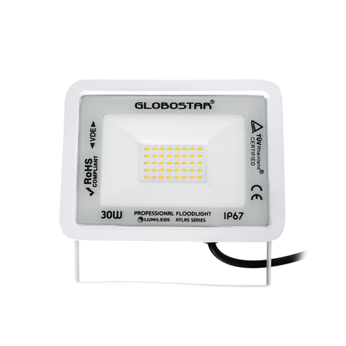 GLOBOSTAR® ATLAS 61415 Προβολέας LED 30W 3450lm 120° AC 220-240V Αδιάβροχο IP67 Θερμό Λευκό 2700K - Lumileds SMD Chip - TÜV Rheinland Certified - Λευκό Ματ - Μ16 x Π2.5 x Υ12.5cm - 5 Χρόνια Εγγύηση
