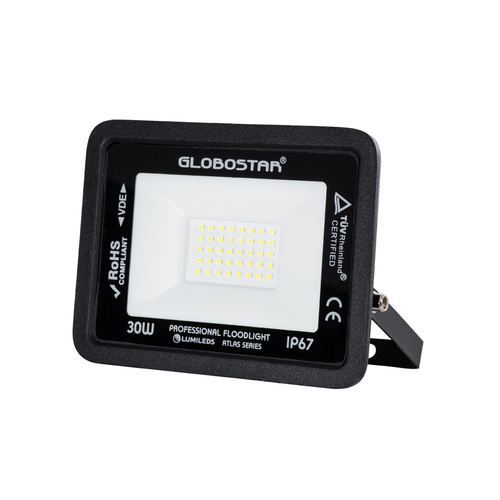 GLOBOSTAR® ATLAS 61416 Προβολέας LED 30W 3750lm 120° AC 220-240V Αδιάβροχο IP67 Ψυχρό Λευκό 6000K - Lumileds SMD Chip - TÜV Rheinland Certified - Μαύρο Ματ - Μ16 x Π2.5 x Υ12.5cm - 5 Χρόνια Εγγύηση