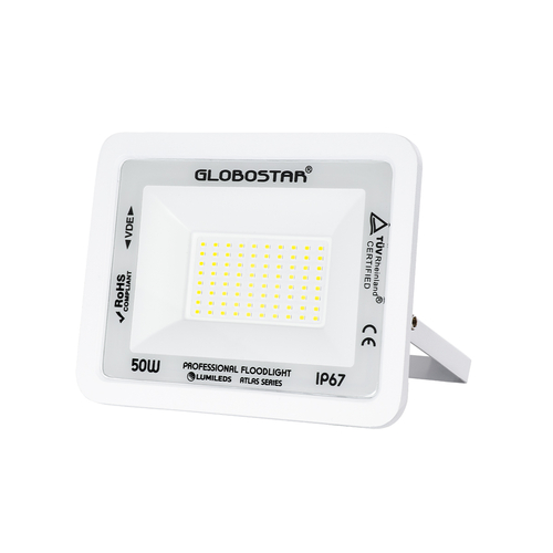 GLOBOSTAR® ATLAS 61419 Προβολέας LED 50W 6250lm 120° AC 220-240V Αδιάβροχο IP67 Ψυχρό Λευκό 6000K - Lumileds SMD Chip - TÜV Rheinland Certified - Λευκό Ματ - Μ21 x Π3.5 x Υ16cm - 5 Χρόνια Εγγύηση