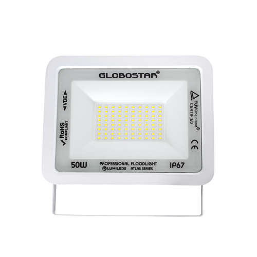 GLOBOSTAR® ATLAS 61419 Προβολέας LED 50W 6250lm 120° AC 220-240V Αδιάβροχο IP67 Ψυχρό Λευκό 6000K - Lumileds SMD Chip - TÜV Rheinland Certified - Λευκό Ματ - Μ21 x Π3.5 x Υ16cm - 5 Χρόνια Εγγύηση