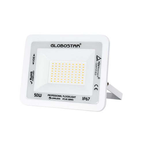 GLOBOSTAR® ATLAS 61421 Προβολέας LED 50W 5750lm 120° AC 220-240V Αδιάβροχο IP67 Θερμό Λευκό 2700K - Lumileds SMD Chip - TÜV Rheinland Certified - Λευκό Ματ - Μ21 x Π3.5 x Υ16cm - 5 Χρόνια Εγγύηση
