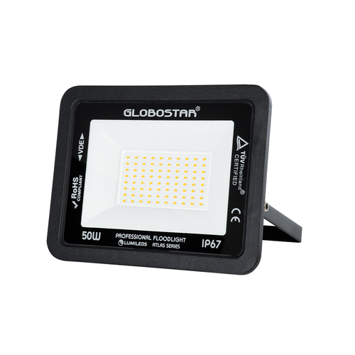 GLOBOSTAR® ATLAS 61424 Προβολέας LED 50W 5750lm 120° AC 220-240V Αδιάβροχο IP67 Θερμό Λευκό 2700K - Lumileds SMD Chip - TÜV Rheinland Certified - Μαύρο Ματ - Μ21 x Π3.5 x Υ16cm - 5 Χρόνια Εγγύηση