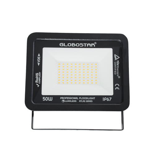 GLOBOSTAR® ATLAS 61424 Προβολέας LED 50W 5750lm 120° AC 220-240V Αδιάβροχο IP67 Θερμό Λευκό 2700K - Lumileds SMD Chip - TÜV Rheinland Certified - Μαύρο Ματ - Μ21 x Π3.5 x Υ16cm - 5 Χρόνια Εγγύηση