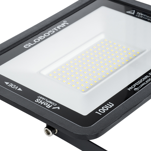 GLOBOSTAR® ATLAS 61426 Προβολέας LED 100W 12000lm 120° AC 220-240V Αδιάβροχο IP67 Φυσικό Λευκό 4500K - Lumileds SMD Chip - TÜV Rheinland Certified - Μαύρο Ματ - Μ27 x Π4 x Υ21cm - 5 Χρόνια Εγγύηση