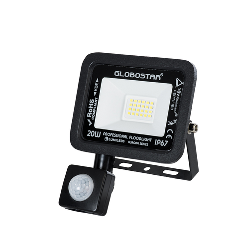 GLOBOSTAR® AURORA 64137 Προβολέας με Ανιχνευτή PIR / Αισθητήρα Κίνησης LED 20W 2500lm 120° AC 220-240V Αδιάβροχο IP67 Ψυχρό Λευκό 6000K - Lumileds SMD Chip - TÜV Rheinland Certified - Μαύρο Ματ - Μ12 x Π5 x Υ14.5cm - 3 Χρόνια Εγγύηση