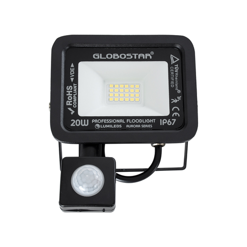 GLOBOSTAR® AURORA 64137 Προβολέας με Ανιχνευτή PIR / Αισθητήρα Κίνησης LED 20W 2500lm 120° AC 220-240V Αδιάβροχο IP67 Ψυχρό Λευκό 6000K - Lumileds SMD Chip - TÜV Rheinland Certified - Μαύρο Ματ - Μ12 x Π5 x Υ14.5cm - 3 Χρόνια Εγγύηση