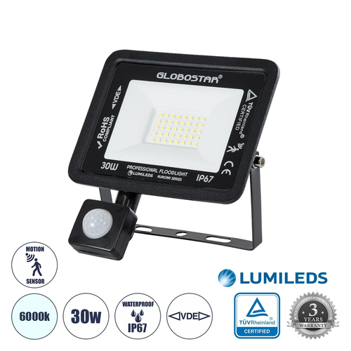 GLOBOSTAR® AURORA 64139 Προβολέας με Ανιχνευτή PIR / Αισθητήρα Κίνησης LED 30W 3750lm 120° AC 220-240V Αδιάβροχο IP67 Ψυχρό Λευκό 6000K - Lumileds SMD Chip - TÜV Rheinland Certified - Μαύρο Ματ - Μ16 x Π5 x Υ17.5cm - 3 Χρόνια Εγγύηση