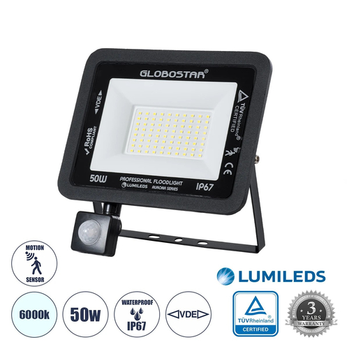 GLOBOSTAR® AURORA 61441 Προβολέας με Ανιχνευτή PIR / Αισθητήρα Κίνησης LED 50W 6250lm 120° AC 220-240V Αδιάβροχο IP67 Ψυχρό Λευκό 6000K - Lumileds SMD Chip - TÜV Rheinland Certified - Μαύρο Ματ - Μ21 x Π5 x Υ21cm - 3 Χρόνια Εγγύηση