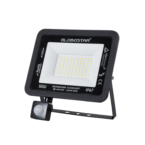 GLOBOSTAR® AURORA 61441 Προβολέας με Ανιχνευτή PIR / Αισθητήρα Κίνησης LED 50W 6250lm 120° AC 220-240V Αδιάβροχο IP67 Ψυχρό Λευκό 6000K - Lumileds SMD Chip - TÜV Rheinland Certified - Μαύρο Ματ - Μ21 x Π5 x Υ21cm - 3 Χρόνια Εγγύηση