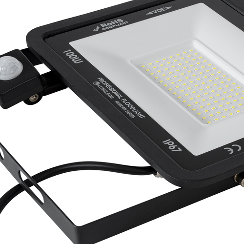 GLOBOSTAR® AURORA 61443 Προβολέας με Ανιχνευτή PIR / Αισθητήρα Κίνησης LED 100W 12500lm 120° AC 220-240V Αδιάβροχο IP67 Ψυχρό Λευκό 6000K - Lumileds SMD Chip - TÜV Rheinland Certified - Μαύρο Ματ - Μ25 x Π6.5 x Υ27.5cm - 3 Χρόνια Εγγύηση
