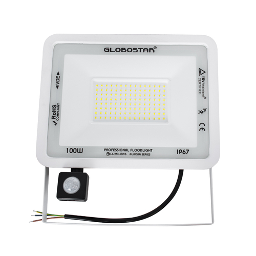 GLOBOSTAR® AURORA 61444 Προβολέας με Ανιχνευτή PIR / Αισθητήρα Κίνησης LED 100W 12500lm 120° AC 220-240V Αδιάβροχο IP67 Ψυχρό Λευκό 6000K - Lumileds SMD Chip - TÜV Rheinland Certified - Λευκό Ματ - Μ25 x Π6.5 x Υ27.5cm - 3 Χρόνια Εγγύηση