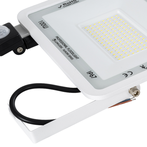 GLOBOSTAR® AURORA 61444 Προβολέας με Ανιχνευτή PIR / Αισθητήρα Κίνησης LED 100W 12500lm 120° AC 220-240V Αδιάβροχο IP67 Ψυχρό Λευκό 6000K - Lumileds SMD Chip - TÜV Rheinland Certified - Λευκό Ματ - Μ25 x Π6.5 x Υ27.5cm - 3 Χρόνια Εγγύηση