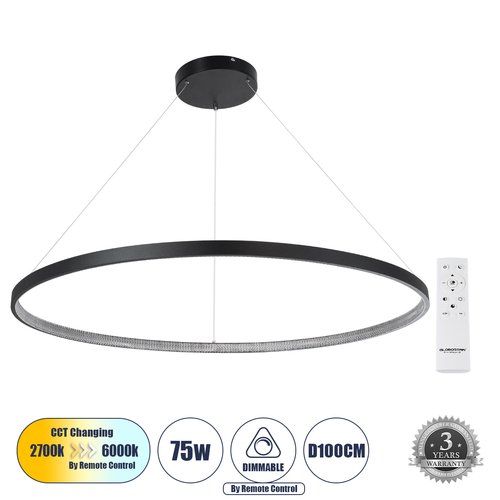 GLOBOSTAR® DIAMOND 61519 Μοντέρνο Κρεμαστό Φωτιστικό Οροφής LED 75W 8400lm 360° AC 220-240V IP20 Ρυθμιζόμενο Λευκό CCT με Χειριστήριο από 2700K έως 6000K Dimmable - Lumileds SMD Chip - Μαύρο Ματ - Μ100 x Π100 x Υ90cm - 3 Χρόνια Εγγύηση