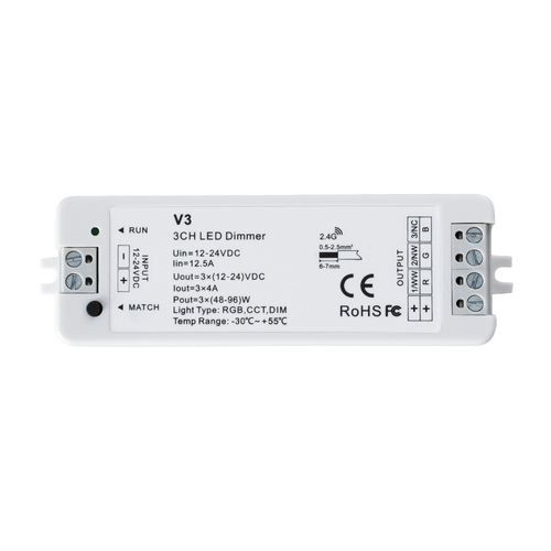 GloboStar® 71546 V3 SKYDANCE DC RF 2.4Ghz Dimmer High Speed Controller 3 Καναλιών DC 12-24V 3 x 5A 96W - Max 12A 288W - IP20 Μ10 x Π3.5 x Υ2cm - 5 Years Warranty