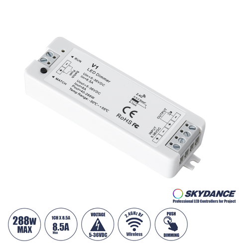 GLOBOSTAR® SKYDANCE-V1 71567 DC RF 2.4Ghz & Push Dimmer / Controller με 1 x 8A 288W Κανάλι DC 5-36V 8A 288W Max IP20 - RF 2.4Ghz & Push Dimming - Μ10 x Π3.5 x Υ2cm - 5 Χρόνια Εγγύηση
