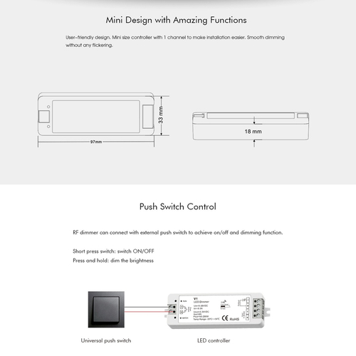 GLOBOSTAR® SKYDANCE-V1 71567 DC RF 2.4Ghz & Push Dimmer / Controller με 1 x 8A 288W Κανάλι DC 5-36V 8A 288W Max IP20 - RF 2.4Ghz & Push Dimming - Μ10 x Π3.5 x Υ2cm - 5 Χρόνια Εγγύηση