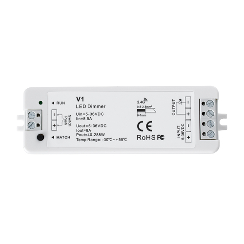 GLOBOSTAR® SKYDANCE-V1 71567 DC RF 2.4Ghz & Push Dimmer / Controller με 1 x 8A 288W Κανάλι DC 5-36V 8A 288W Max IP20 - RF 2.4Ghz & Push Dimming - Μ10 x Π3.5 x Υ2cm - 5 Χρόνια Εγγύηση