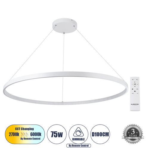 GLOBOSTAR® DIAMOND 61518 Μοντέρνο Κρεμαστό Φωτιστικό Οροφής LED 75W 8400lm 360° AC 220-240V IP20 Ρυθμιζόμενο Λευκό CCT με Χειριστήριο από 2700K έως 6000K Dimmable - Lumileds SMD Chip - Λευκό Ματ - Μ100 x Π100 x Υ90cm - 3 Χρόνια Εγγύηση