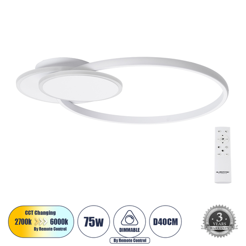 GLOBOSTAR® CIRCUO 61230 Μοντέρνο Φωτιστικό Οροφής LED 75W 8400lm 360° AC 220-240V IP20 Ρυθμιζόμενο Λευκό CCT με Χειριστήριο από 2700K έως 6000K Dimmable - Lumileds SMD Chip - Λευκό Ματ - Μ53 x Π42.5 x Υ9cm - 3 Χρόνια Εγγύηση