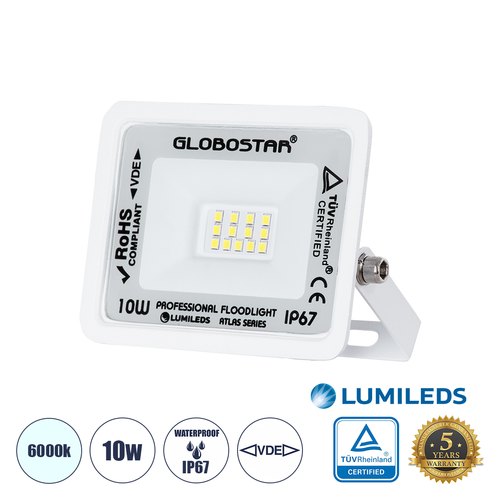 GLOBOSTAR® ATLAS 61404 Προβολέας LED 10W 1250lm 120° AC 220-240V Αδιάβροχο IP67 Ψυχρό Λευκό 6000K - Lumileds SMD Chip - TÜV Rheinland Certified - Λευκό Ματ - Μ10 x Π2 x Υ8cm - 5 Χρόνια Εγγύηση