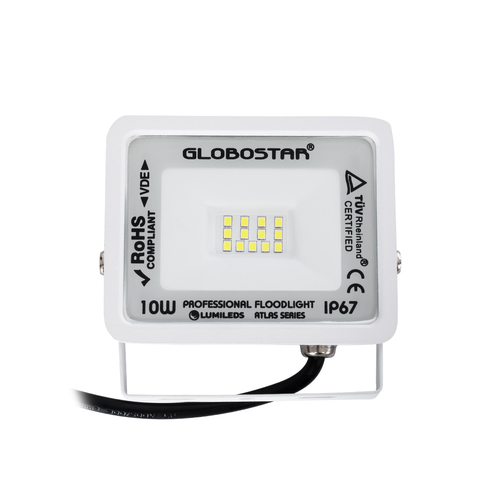 GLOBOSTAR® ATLAS 61404 Προβολέας LED 10W 1250lm 120° AC 220-240V Αδιάβροχο IP67 Ψυχρό Λευκό 6000K - Lumileds SMD Chip - TÜV Rheinland Certified - Λευκό Ματ - Μ10 x Π2 x Υ8cm - 5 Χρόνια Εγγύηση