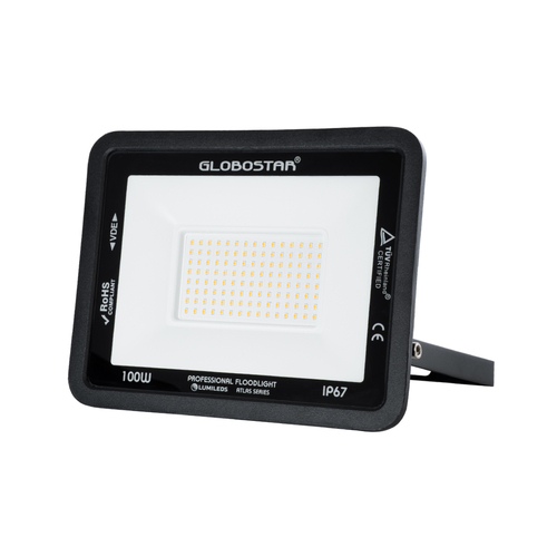 GLOBOSTAR® ATLAS 61427 Προβολέας LED 100W 11500lm 120° AC 220-240V Αδιάβροχο IP67 Θερμό Λευκό 2700K - Lumileds SMD Chip - TÜV Rheinland Certified - Μαύρο Ματ - Μ27 x Π4 x Υ21cm - 5 Χρόνια Εγγύηση