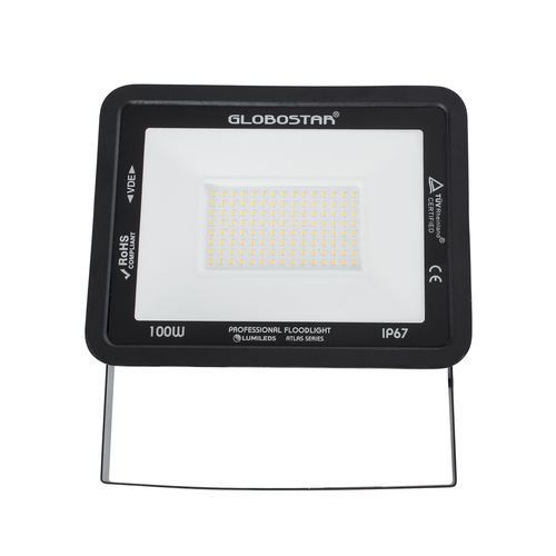 GLOBOSTAR® ATLAS 61427 Προβολέας LED 100W 11500lm 120° AC 220-240V Αδιάβροχο IP67 Θερμό Λευκό 2700K - Lumileds SMD Chip - TÜV Rheinland Certified - Μαύρο Ματ - Μ27 x Π4 x Υ21cm - 5 Χρόνια Εγγύηση