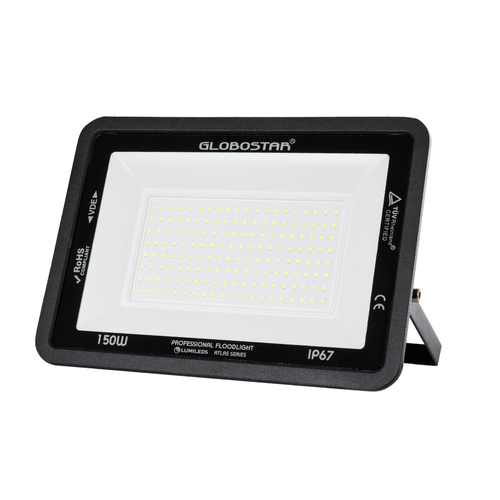 GLOBOSTAR® ATLAS 61428 Προβολέας LED 150W 18750lm 120° AC 220-240V Αδιάβροχο IP67 Ψυχρό Λευκό 6000K - Lumileds SMD Chip - TÜV Rheinland Certified - Μαύρο Ματ - Μ32 x Π4 x Υ23cm - 5 Χρόνια Εγγύηση