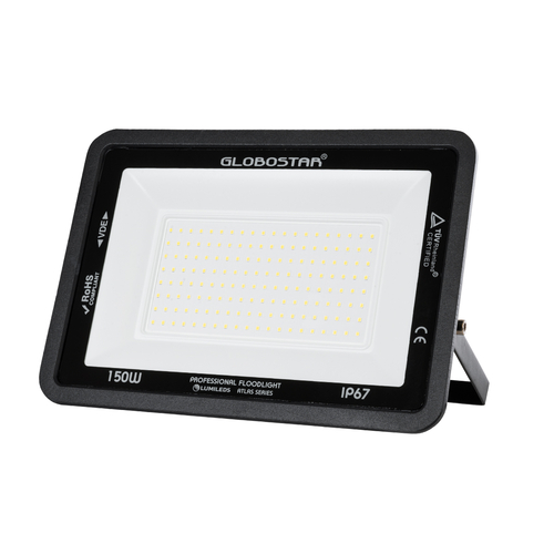 GLOBOSTAR® ATLAS 61429 Προβολέας LED 150W 18000lm 120° AC 220-240V Αδιάβροχο IP67 Φυσικό Λευκό Ματ 4500K - Lumileds SMD Chip - TÜV Rheinland Certified - Μαύρο Ματ - Μ32 x Π4 x Υ23cm - 5 Χρόνια Εγγύηση
