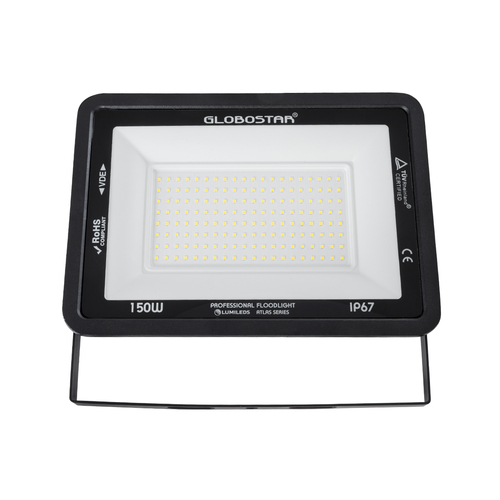 GLOBOSTAR® ATLAS 61429 Προβολέας LED 150W 18000lm 120° AC 220-240V Αδιάβροχο IP67 Φυσικό Λευκό Ματ 4500K - Lumileds SMD Chip - TÜV Rheinland Certified - Μαύρο Ματ - Μ32 x Π4 x Υ23cm - 5 Χρόνια Εγγύηση