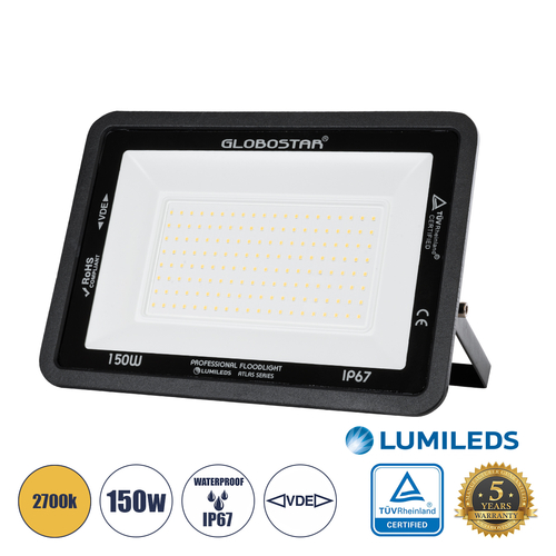 GLOBOSTAR® ATLAS 61430 Προβολέας LED 150W 17250lm 120° AC 220-240V Αδιάβροχο IP67 Θερμό Λευκό 2700K - Lumileds SMD Chip - TÜV Rheinland Certified - Μαύρο Ματ - Μ32 x Π4 x Υ23cm - 5 Χρόνια Εγγύηση