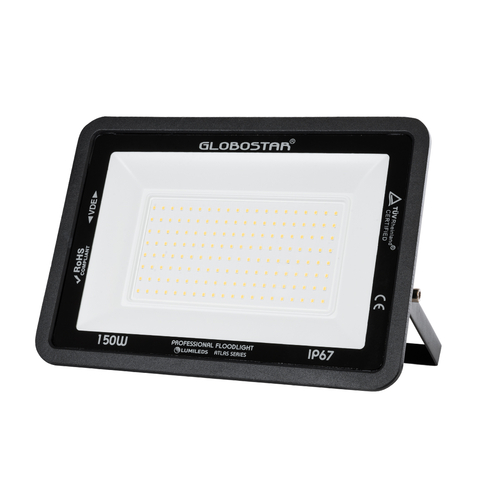 GLOBOSTAR® ATLAS 61430 Προβολέας LED 150W 17250lm 120° AC 220-240V Αδιάβροχο IP67 Θερμό Λευκό 2700K - Lumileds SMD Chip - TÜV Rheinland Certified - Μαύρο Ματ - Μ32 x Π4 x Υ23cm - 5 Χρόνια Εγγύηση