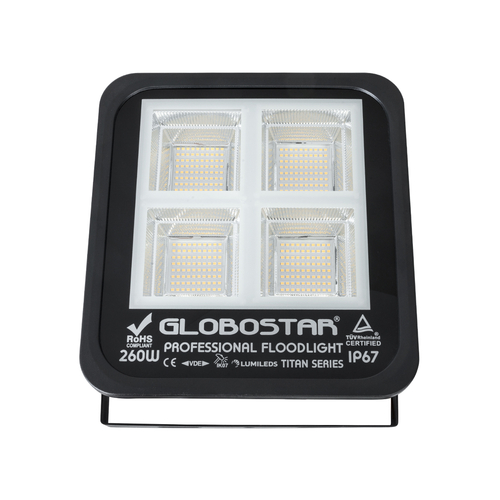 GLOBOSTAR® TITAN 61434 Προβολέας για Γήπεδα Tennis & Ποδοσφαίρου 5x5 LED 260W 32500lm 60°x90° AC 220-240V Αδιάβροχο IP67 Φυσικό Λευκό 5000K - Lumileds SMD Chip - TÜV Rheinland Certified - Μαύρο Ματ - Μ30 x Π8 x Υ28cm - 5 Χρόνια Εγγύηση